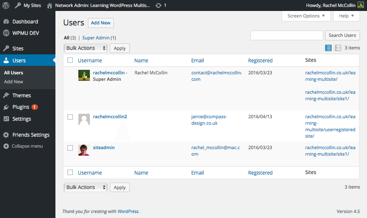 Multisite network admin - Users screen