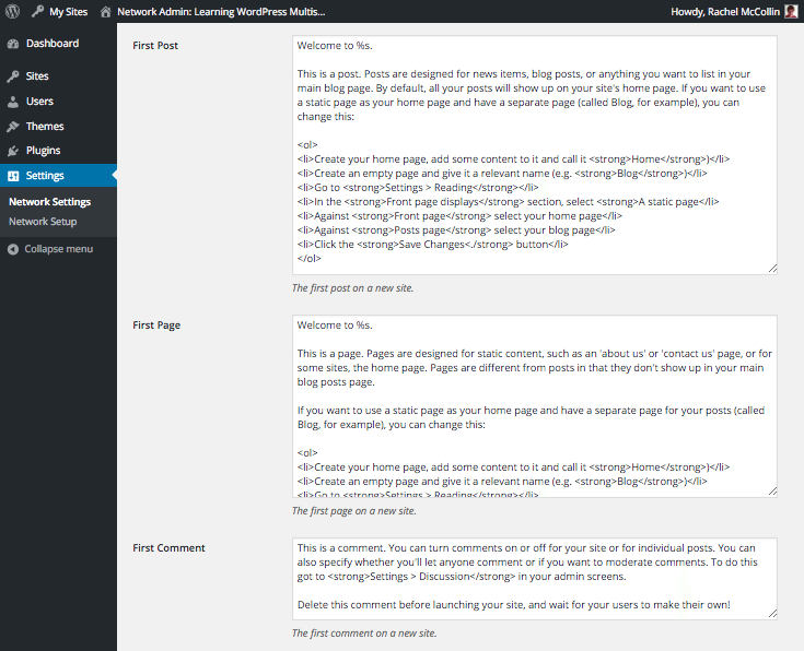 WordPress Multisite editing default content