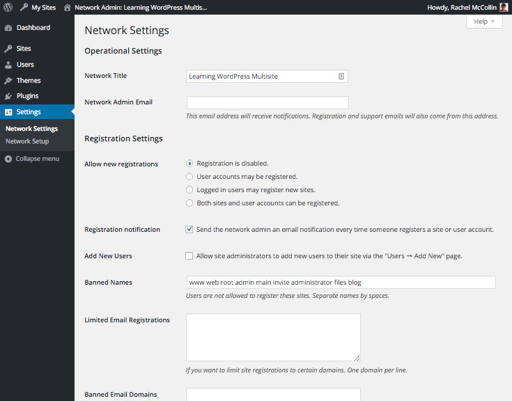 WordPress Multisite network settings screens