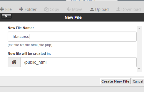 The inline pop-up in cPanel to create a new file.