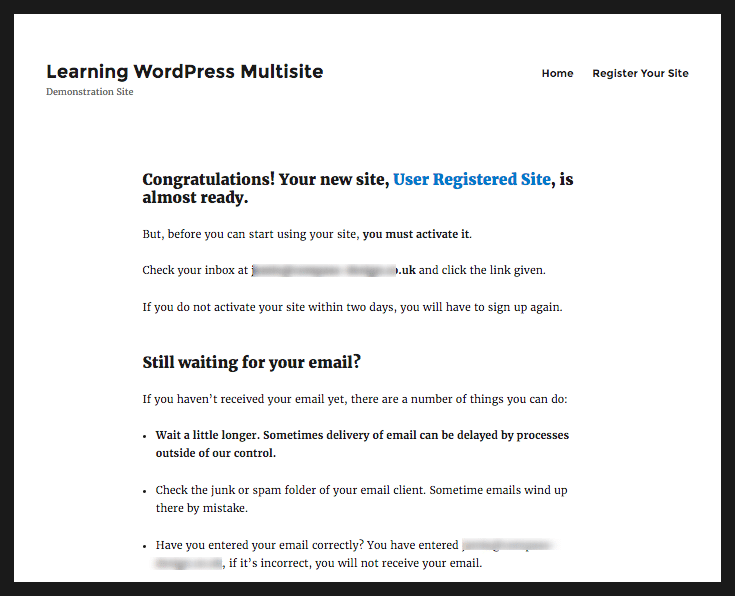 user notification - site almost ready, needs to be activated