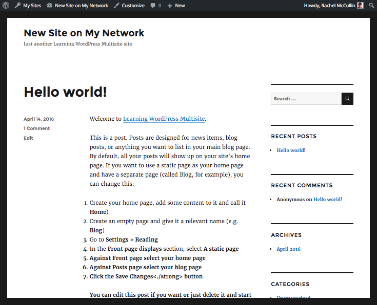 WordPress Multisite new site with edited default content