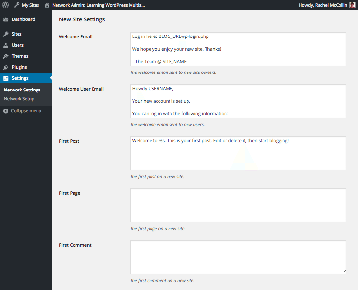 WordPress Multisite new site settings