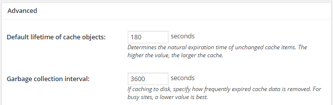 screenshot of advanced section of object menu in w3tc