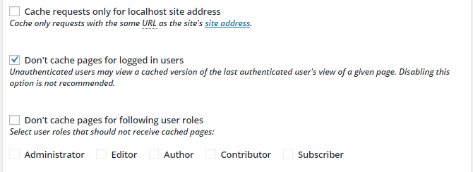 screenshot of page cache options in w3tc