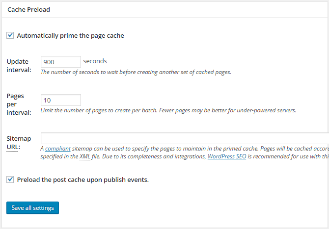 screenshot of page cache options in w3tc