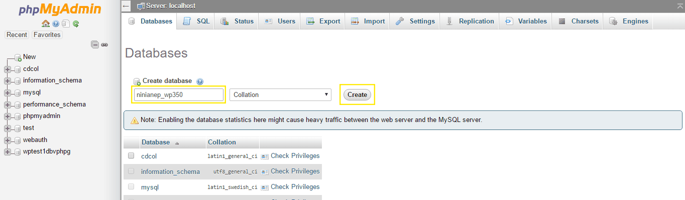 Databases page in phpMyAdmin
