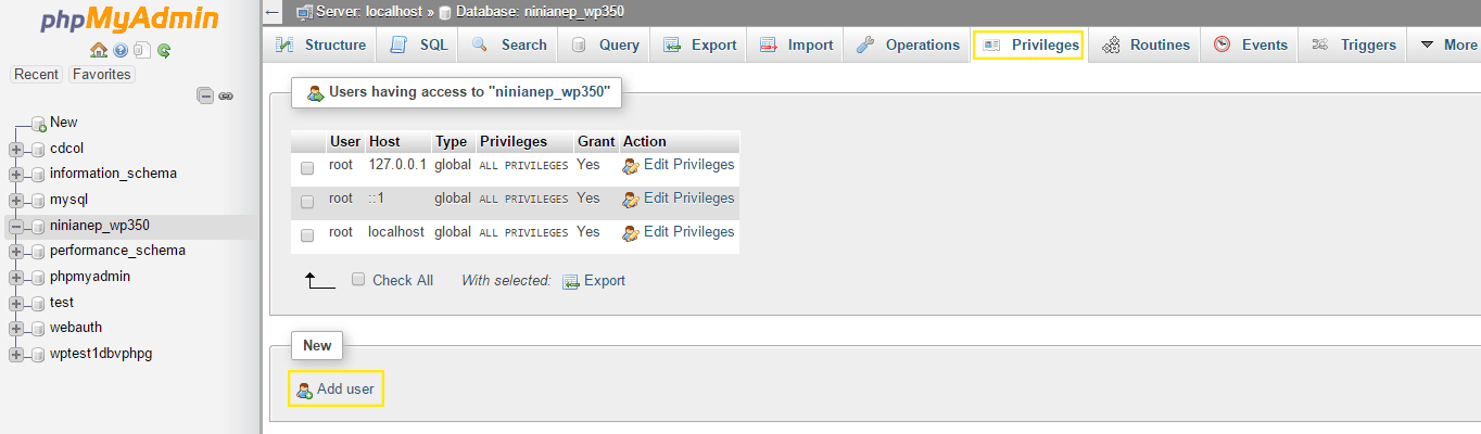 The database privileges page