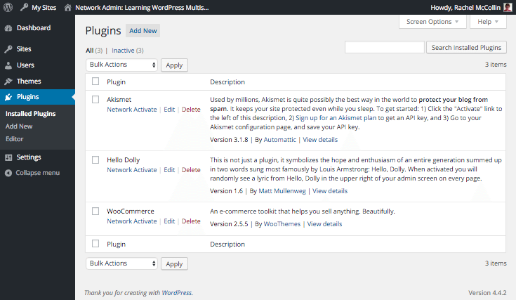 Plugin activation screen for site in a Multisite network