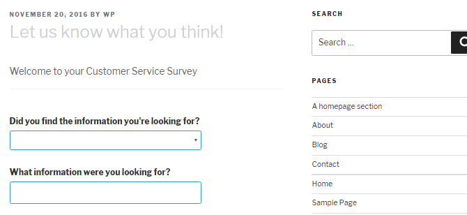 Screenshot of an embedded Quiz and Survey Master survey