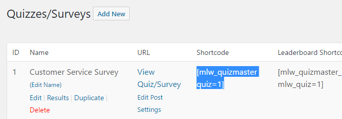 Copy the relevant shortcode and paste it into the editor of any post or page to embed the survey