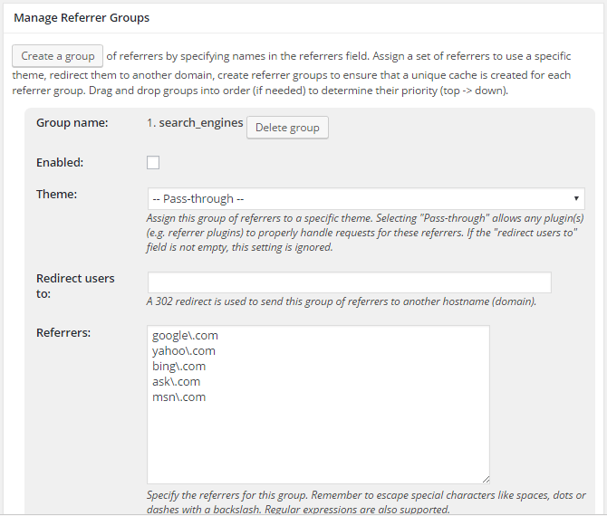 screenshot of settings from referrer menu in w3tc