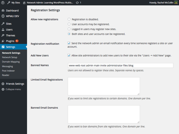 Multisite registration settings