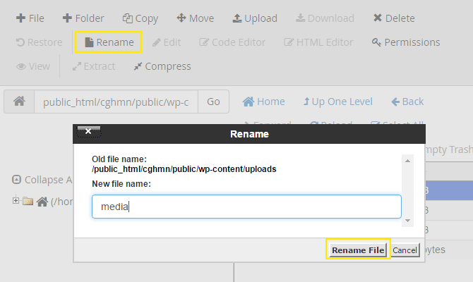The renaming file pop-up in cPanel.