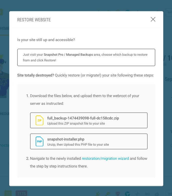 Easily restore your website from backup.