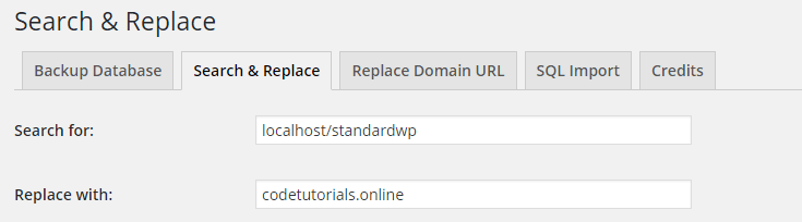using search and replace to replace localhost url with the live site url