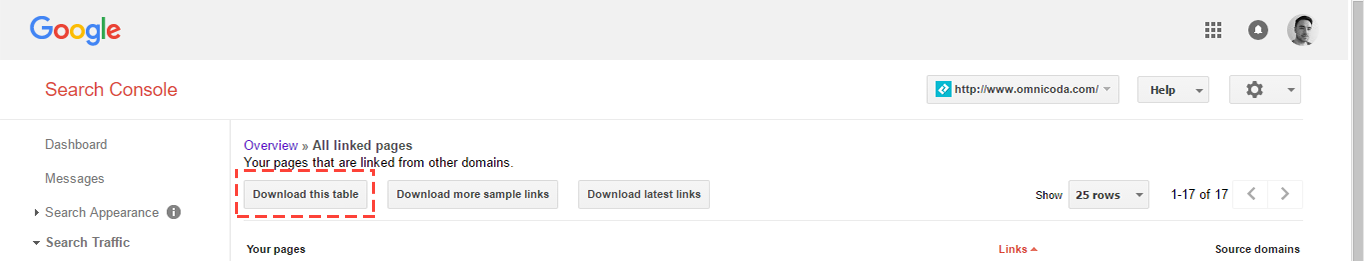 Search Console most linked pages download.