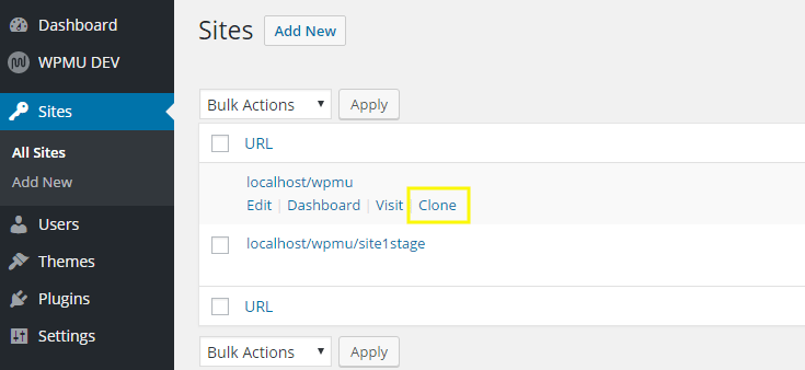 Go to Sites to select the site to clone