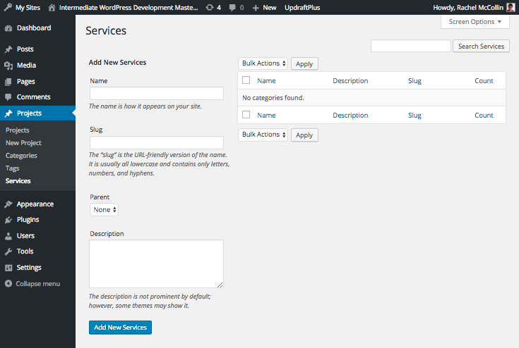 The service taxonomy in the admin screens