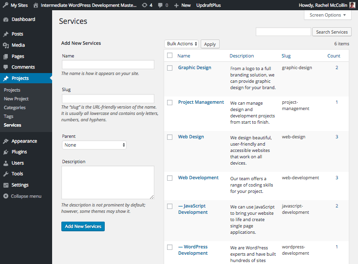 Descriptions for the services terms in the admin screens