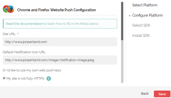 screenshot of onesignal set up process