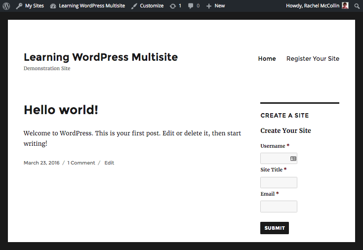 site registration form in the sidebar