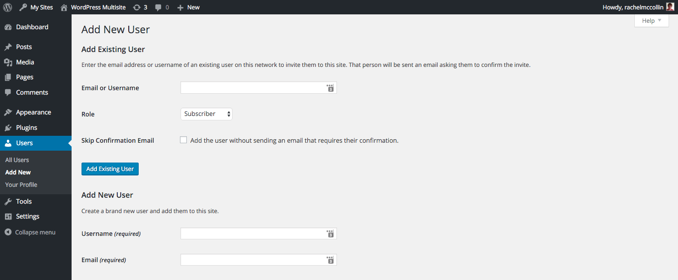 site admin screens - user creation