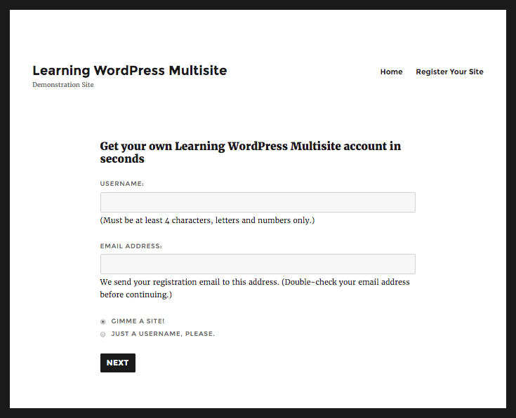 WordPress site registration - front-end