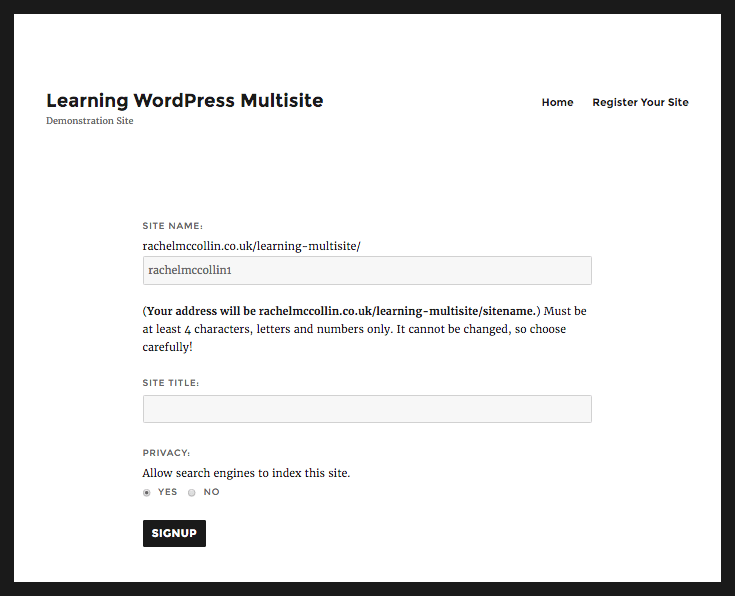 WordPress site registration - site details