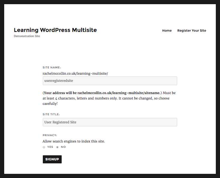 WordPress Multisite site registration final screen