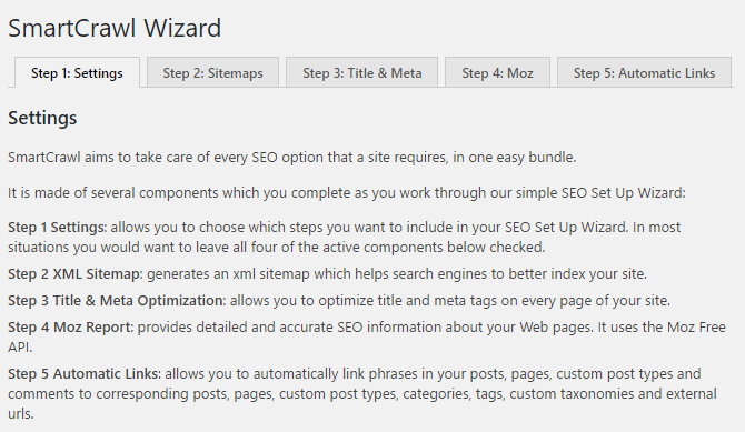 The SmartCrawl setup wizard is a 5-step menu for configuring the plugin.