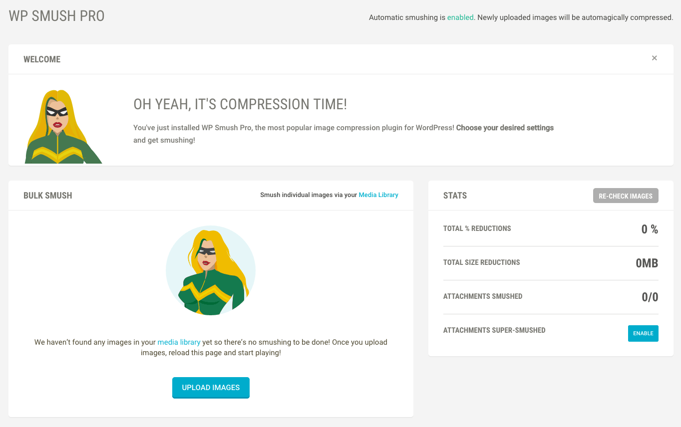 The WP Smush Pro welcome screen.