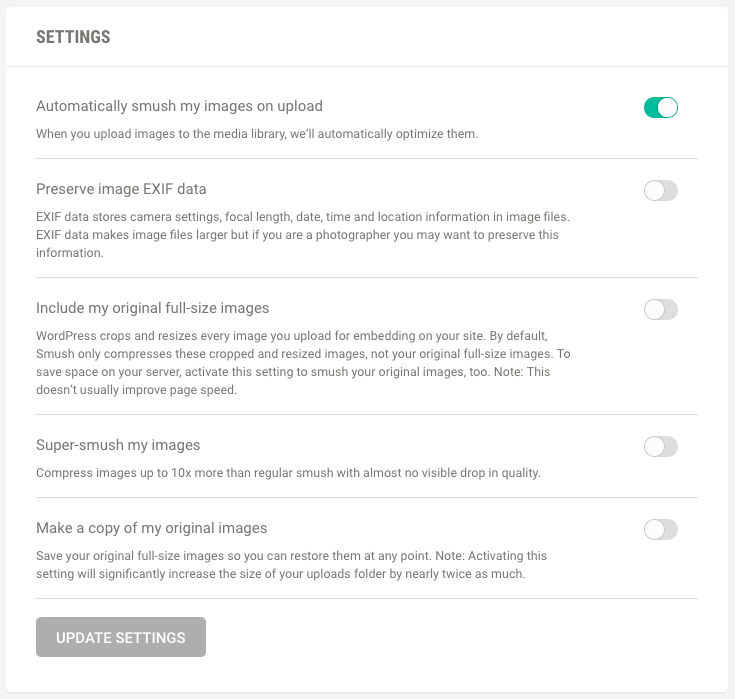 The full list of WP Smush Pro settings.