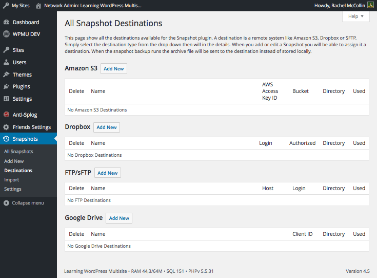 The Snapshot Destinations screen