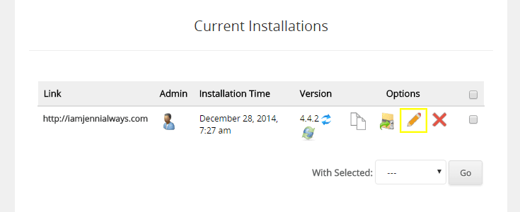 The current installations section of the Softaculous WordPress page.