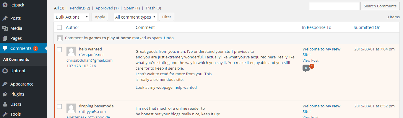 A spam comment reported in the WordPress dashboard.
