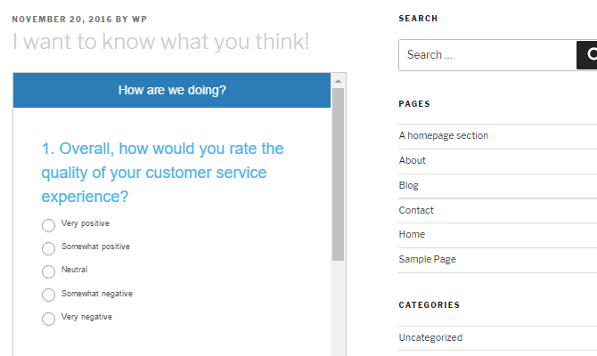 Screenshot of an embedded SurveyMonkey survey