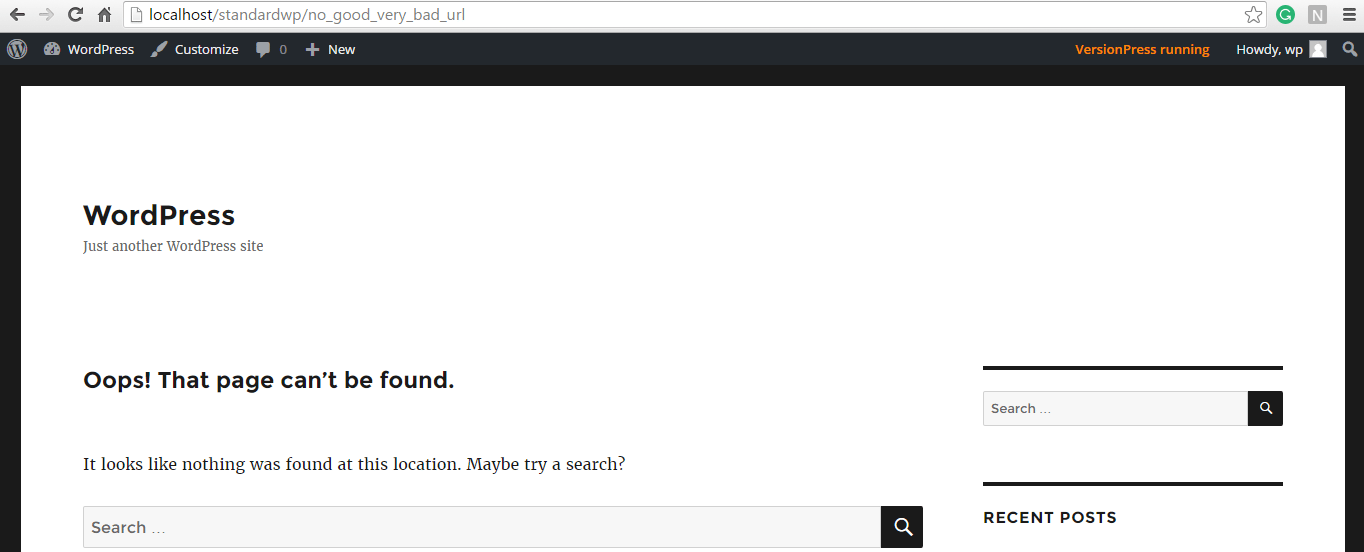 standard 404 page displayed by twenty sixteen theme