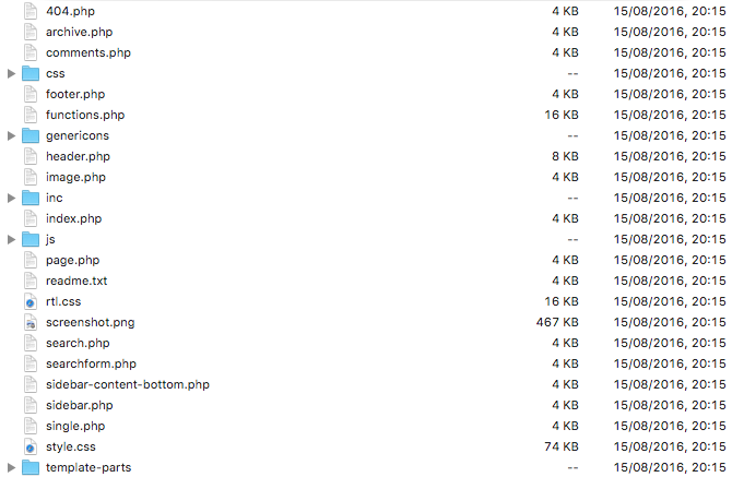 The file structure of the twenty sixteen theme