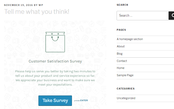 Screenshot of a WordPress website with a Typeform survey embedded