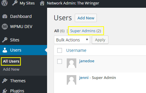On the user list, there are two super admins indicated.