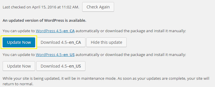 The updates page with extra buttons for the specific language pack.