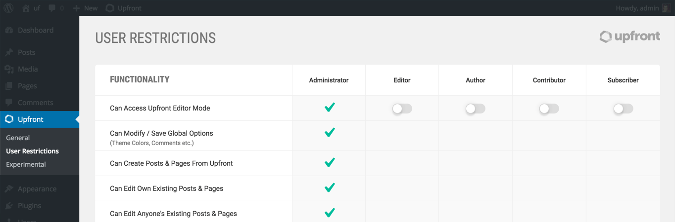 Upfront 1.2 features all new user restrictions.