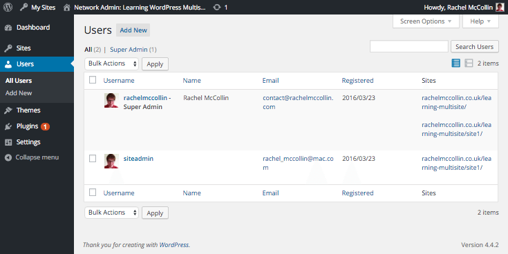 WordPress Multisite users screen