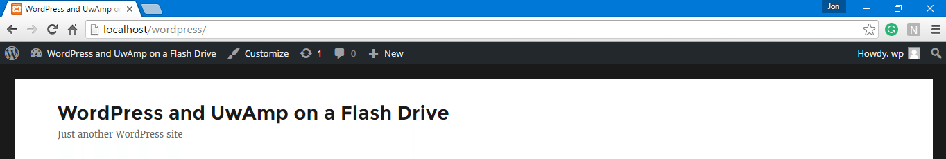screenshot of wordpress site powered by uwamp on a flashdrive