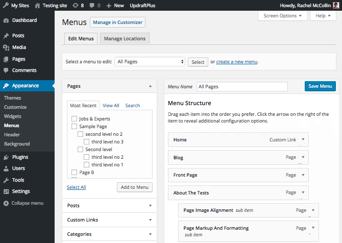 WordPress menus admin screen