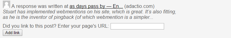 Stuart Landridge, inventor of Pingbacks, now uses webmentions on his blog.