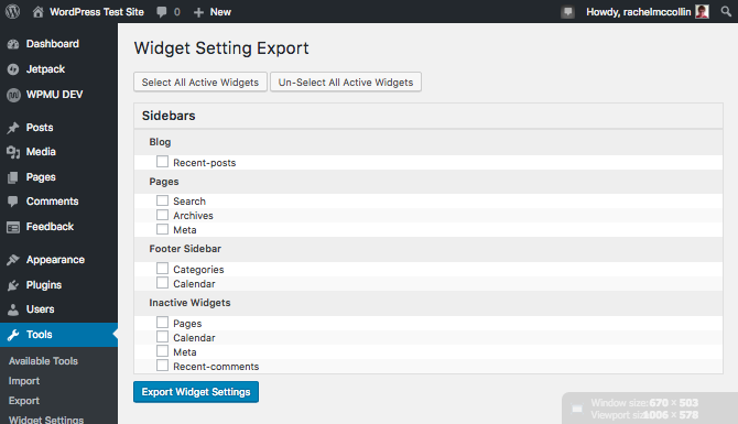 Widget export screen