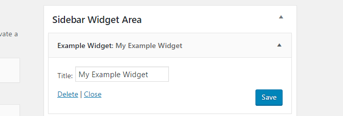 Screenshot showing the example widget settings area in the WordPress admin.