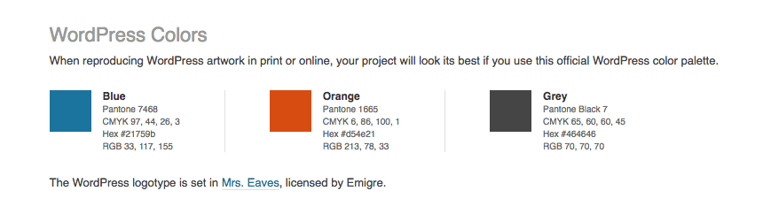 Wordpress.org features a style guide that sets out how the WordPress logo should look, as well as the colors and font used.